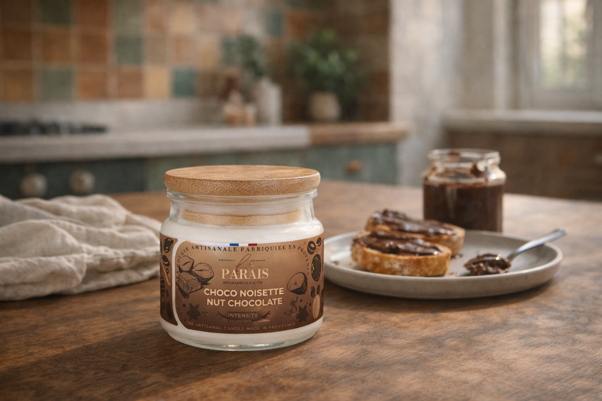 Bougie parfumée Choco Noisette en situation, Le Paraïs